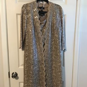 Formal 3 piece pant suit. Lace with rhinestones on blouse & top coat.